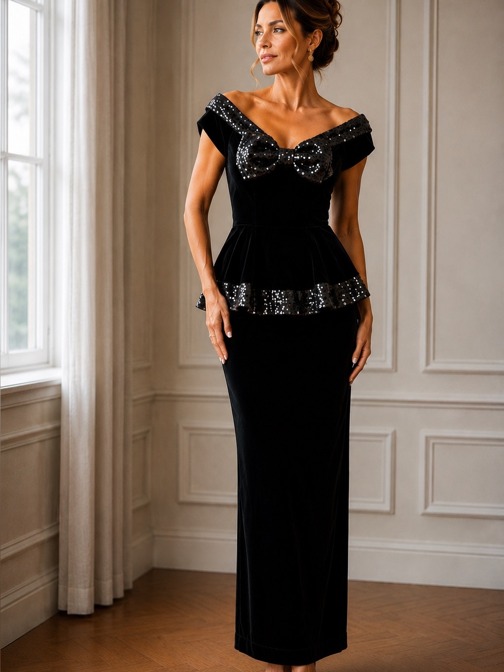 Vintage 1992 Tadashi Black Velvet Sequin Off Shoulder Gown 8